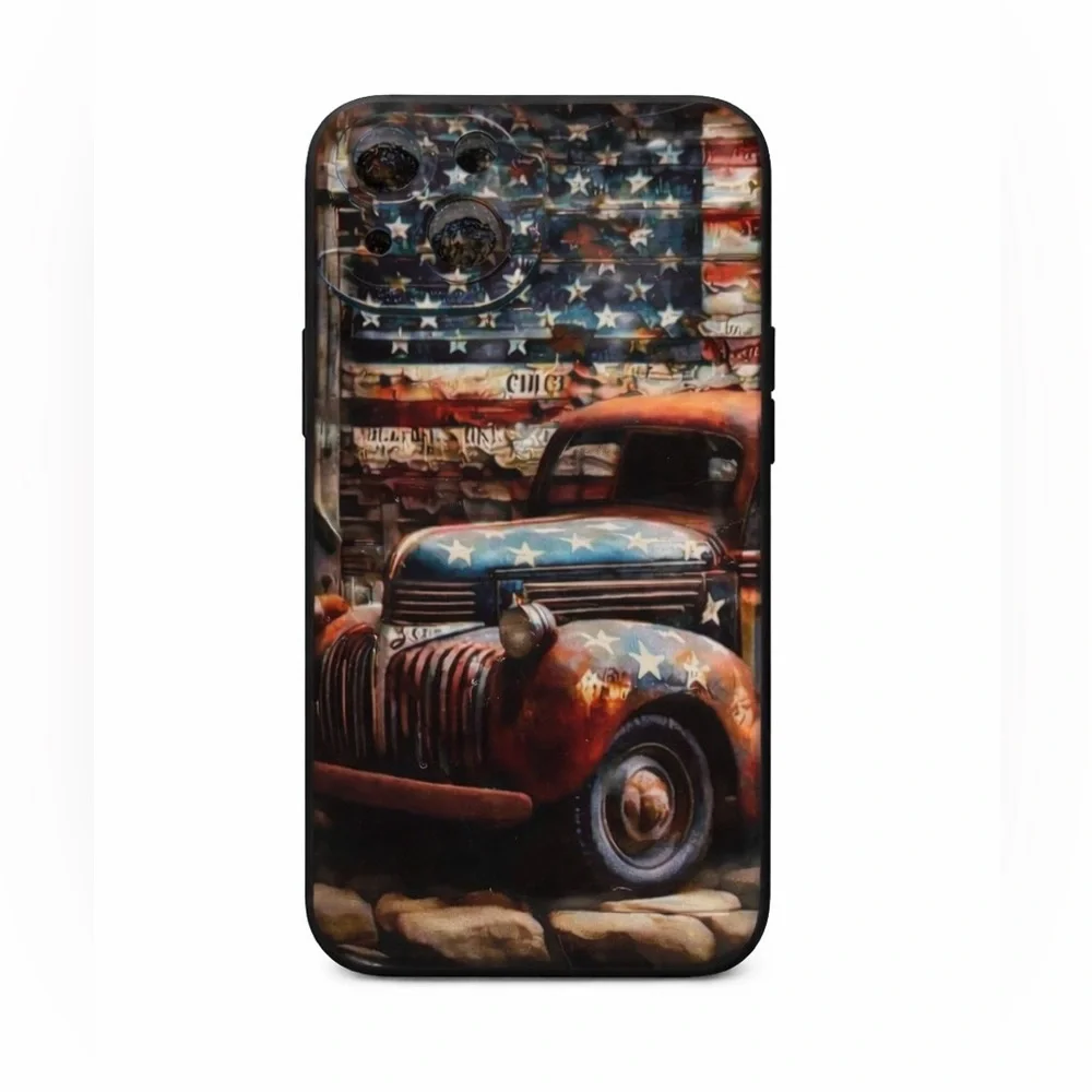 iPhone Phone Case American Flag Vintage Truck Black TPU Shockproof Case